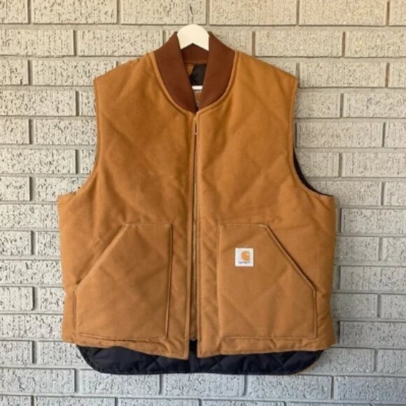 VTG Carhartt VQ186 Quilted Lined Canvas Duck Vest Size XL USA Khaki Brown - Picture 1 of 6
